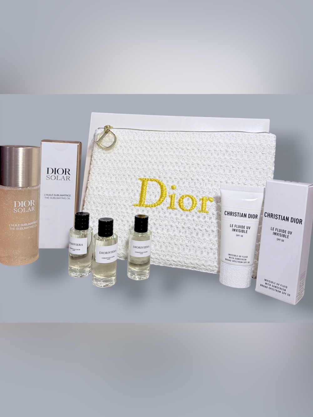 Dior White & Gold Travel Bath & Body Gift Set with Embroidered Pouch